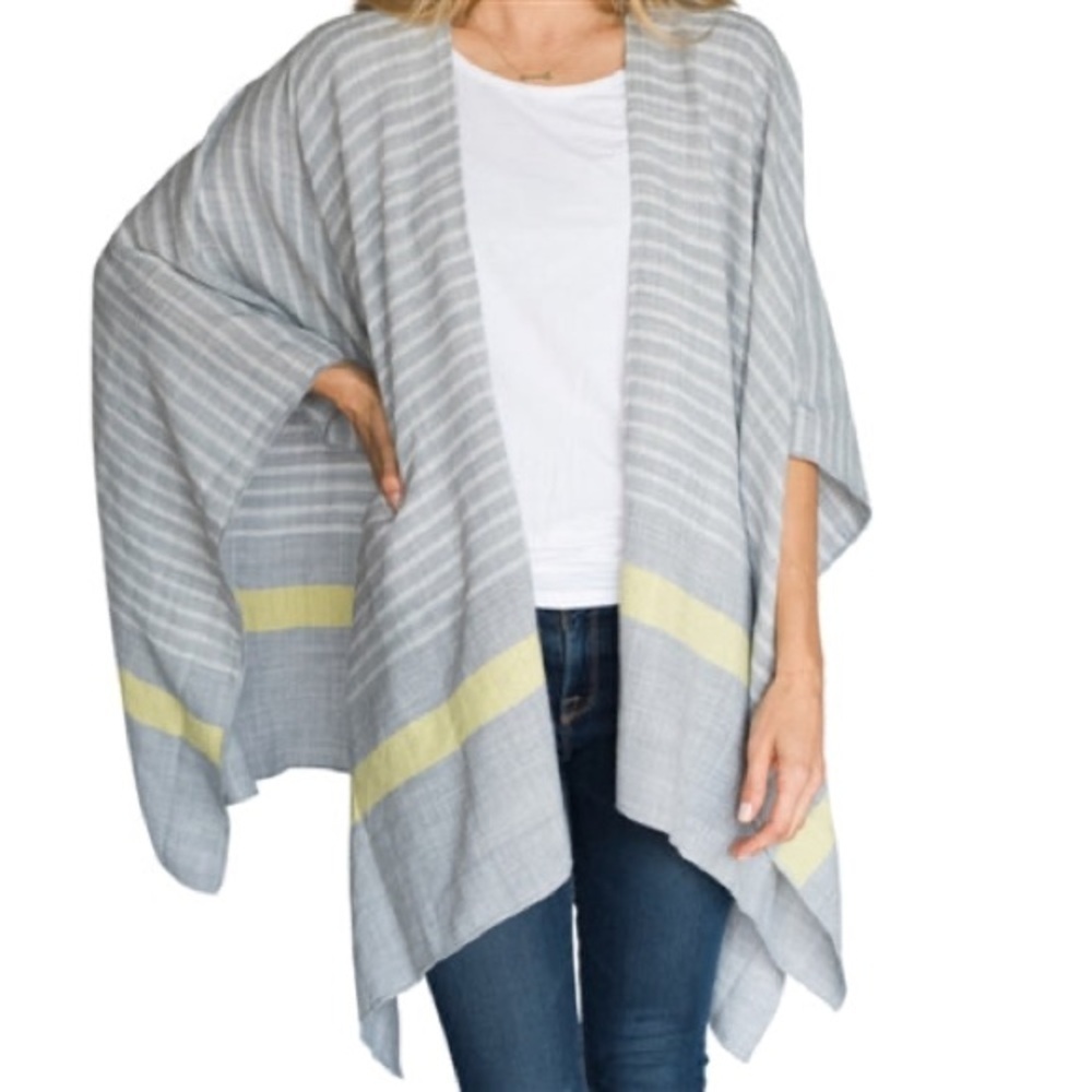 Mer Sea Thinny Traveler Wrap Gray White Yellow Stripe Lightweight OS Poncho Boho